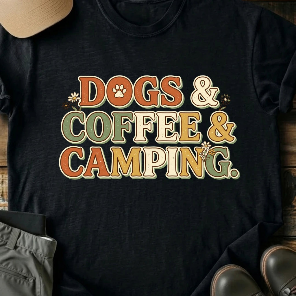 Printify T-Shirt Black / S Dogs, Coffee, Camping T-Shirt Dogs, Coffee, Camping T-Shirt