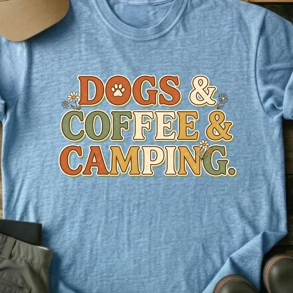 Printify T-Shirt Light Blue / S Dogs, Coffee, Camping T-Shirt Dogs, Coffee, Camping T-Shirt