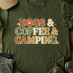 Printify T-Shirt Military Green / S Dogs, Coffee, Camping T-Shirt Dogs, Coffee, Camping T-Shirt