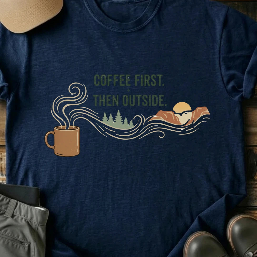 Printify T-Shirt Navy / S Coffee First T-Shirt Coffee First T-Shirt