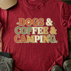 Printify T-Shirt Red / S Dogs, Coffee, Camping T-Shirt Dogs, Coffee, Camping T-Shirt
