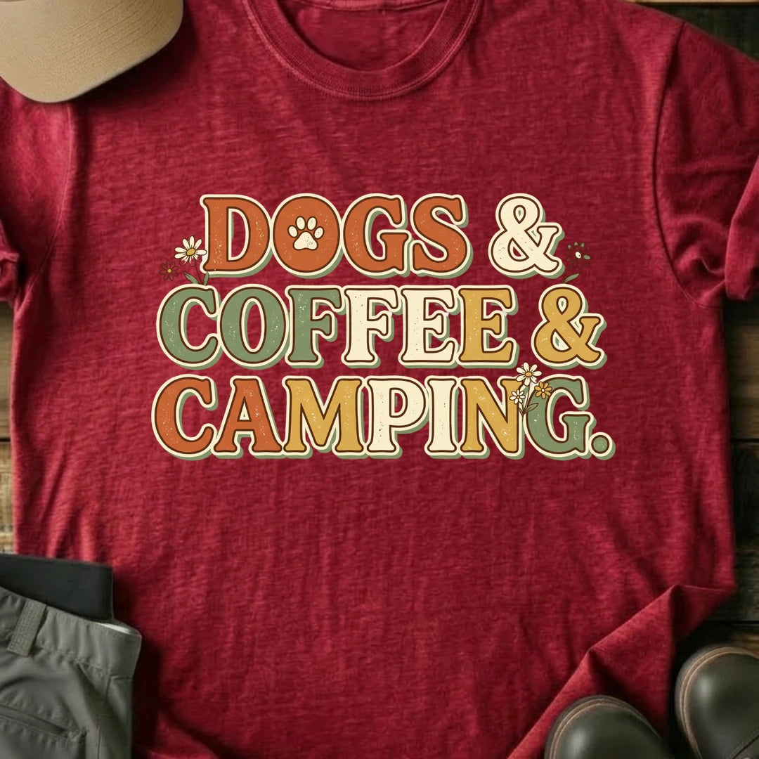 Printify T-Shirt Red / S Dogs, Coffee, Camping T-Shirt Dogs, Coffee, Camping T-Shirt