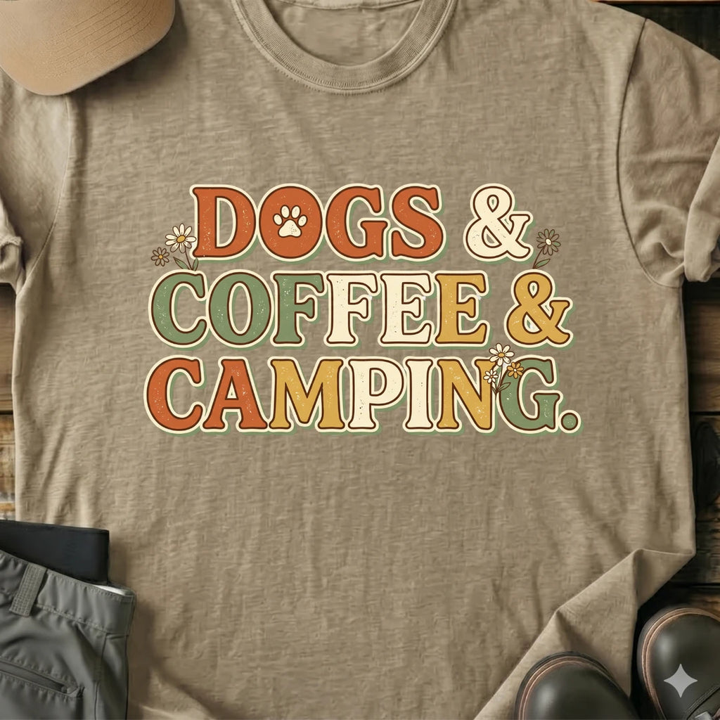 Printify T-Shirt Sand / S Dogs, Coffee, Camping T-Shirt Dogs, Coffee, Camping T-Shirt