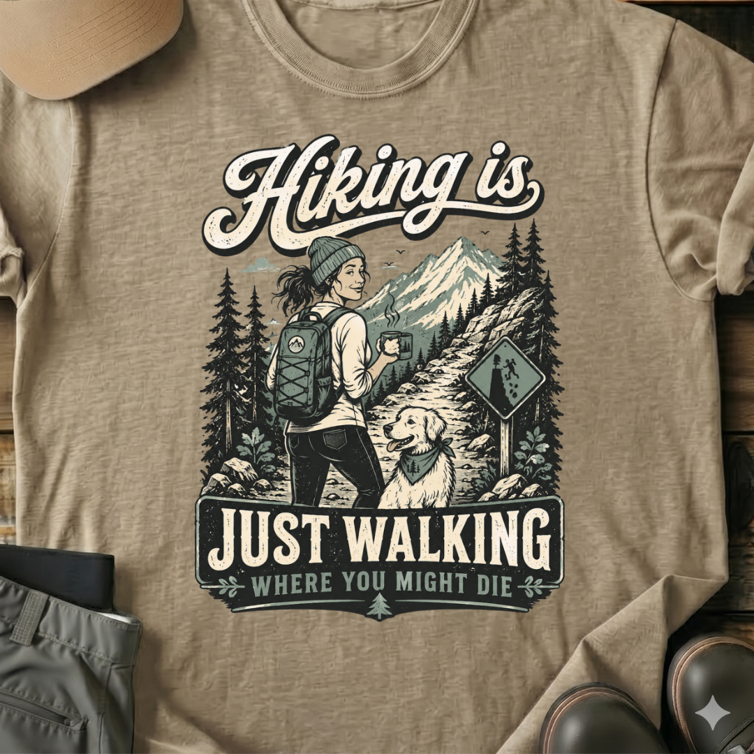 Printify T-Shirt Sand / S Hiking Is Just Walking T-Shirt Hiking Is Just Walking T-Shirt